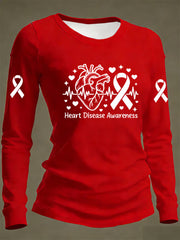 Women's Heart Disease Awareness Print Casual Long-Sleeve T-Shirt