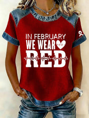 Women's Heart Disease Awareness Print Waffle Knit Round Neck Short-Sleeved T-Shirt