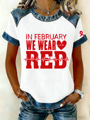 Women's Heart Disease Awareness Print Waffle Knit Round Neck Short-Sleeved T-Shirt