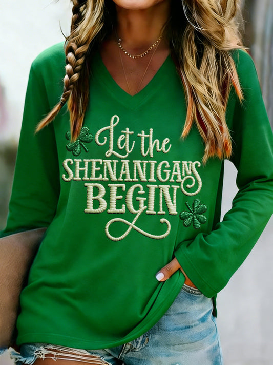 Women's Funny St. Patrick's Day Let The Shenanigans Begin Shamrock Print Casual V-Neck Long-SleeveT-Shirt