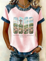 Women's Christian Easter He is not here he has risen Matthew 28:6 Waffle Patchwork Short Sleeved T-Shirt