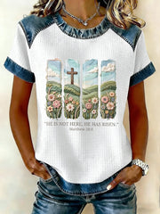 Women's Christian Easter He is not here he has risen Matthew 28:6 Waffle Patchwork Short Sleeved T-Shirt