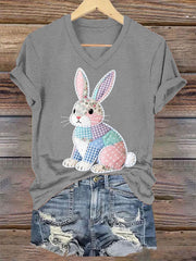 Women's Cute Floral Bunny Print Easter Casual V-Neck Tee