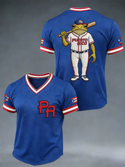 Men's Puerto Rico Baseball Print Casual V-Neck Tee
