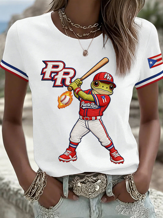 Women's Puerto Rico Baseball Print Casual Tee