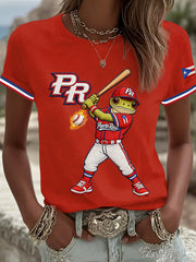 Women's Puerto Rico Baseball Print Casual Tee