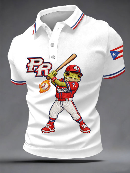 Men's Puerto Rico Baseball Print Casual Polo