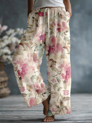 Women's Elegant Floral Pattern Linen Blend Pants
