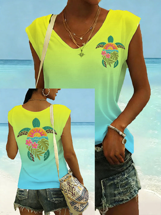 Women's Floral Sea Turtle Print Casual Sleeveless Tee