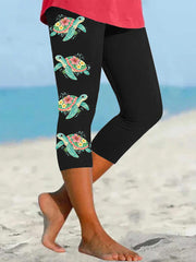 Women's Floral Sea Turtle Print Casual Cropped Leggings