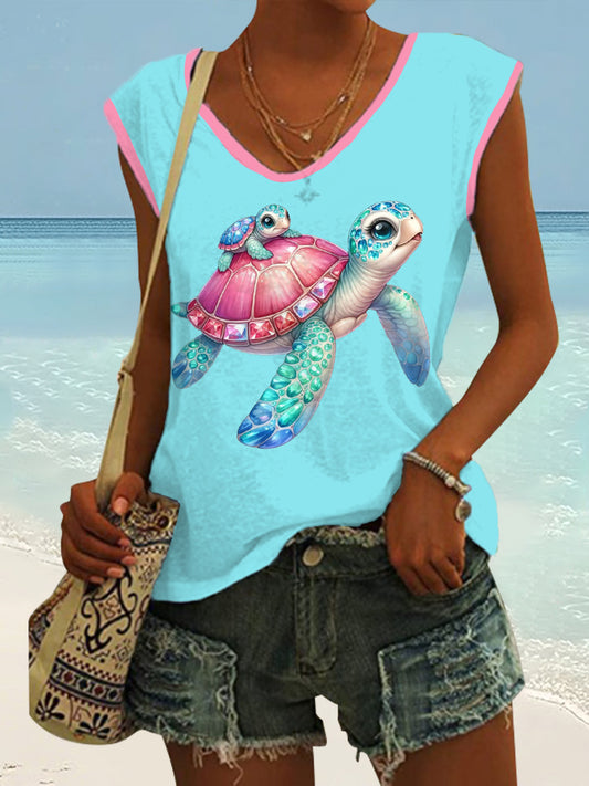 Women's Cute Sea Turtle Mom And Baby Print Casual Sleeveless V-Neck Tee