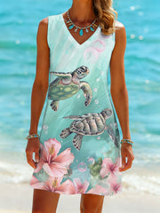 Women's Cute Sea Turtles Print Casual Sleeveless V-Neck Dress