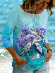Women's Ocean Animals Sea Turtles Print Casual T-Shirt