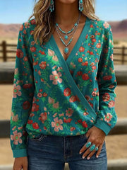 Women's Vintage Western Style V-Neck Long Sleeve Top