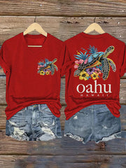 Women's Oahu Hawaii Sea Turtle Oahu Strong Print V-Neck Tee