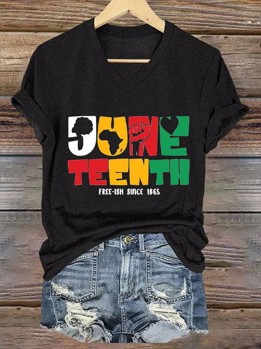 Women'S Casual Black Juneteenth Graphic Print Short Sleeve T-Shirt