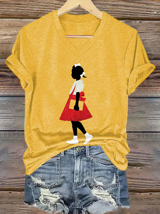 Women's Juneteenth Black Girl In Red Dress Art Print Short Sleeve T-Shirt