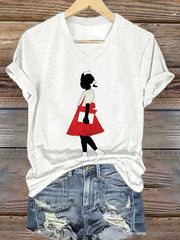 Women's Juneteenth Black Girl In Red Dress Art Print Short Sleeve T-Shirt