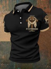 Men's He Is Risen It’s Finished Easter Jesus Christian Cross Print Casual Polo
