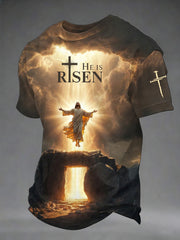 Men's He Is Risen Easter Jesus Christian Cross Print Casual Tee