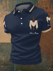 Men's He Is Risen Jesus Christian Cross Print Polo