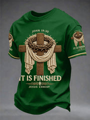 Men's He Is Risen It’s Finished Easter Jesus Christian Cross Print Casual Tee