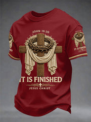 Men's He Is Risen It’s Finished Easter Jesus Christian Cross Print Casual Tee