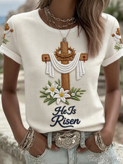 Women's He Is Risen Jesus Christian Cross Print Tee