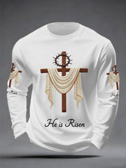 Men's He Is Risen Jesus Christian Cross Print Casual Long Sleeve T-Shirt