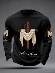 Men's He Is Risen Jesus Christian Cross Print Casual Long Sleeve T-Shirt