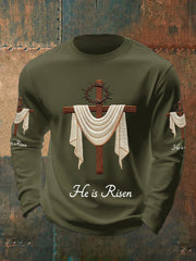 Men's He Is Risen Jesus Christian Cross Print Casual Long Sleeve T-Shirt