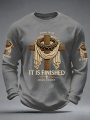 Men's He Is Risen It’s Finished Easter Jesus Christian Cross Print Casual Waffle Long Sleeve T-Shirt