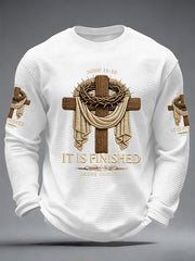 Men's He Is Risen It’s Finished Easter Jesus Christian Cross Print Casual Waffle Long Sleeve T-Shirt