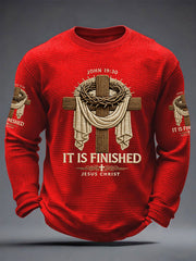 Men's He Is Risen It’s Finished Easter Jesus Christian Cross Print Casual Waffle Long Sleeve T-Shirt