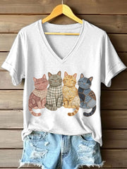 Women's Lovely Cats Patchwork Pattern V-Neck T-Shirt