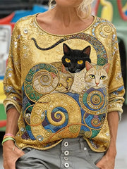 Women's Funny Glitter Cats Art Long Sleeve Loose-fitting Sweatshirt