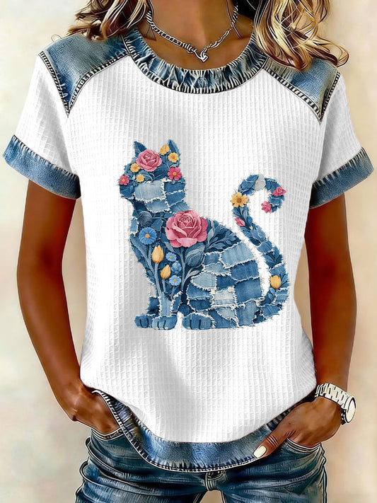 Women's Cat and Floral Print Casual T-Shirt