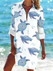 Women's Resort-style turtle print Vacation-Style Shirt Dress