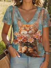 Women's Cat Art Print Casual V-Neck T-Shirt