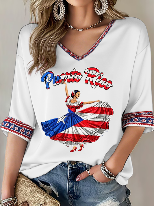Women's Puerto Rico Printed Mid-length Sleeves V-Neck T-Shirt