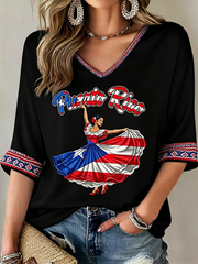 Women's Puerto Rico Printed Mid-length Sleeves V-Neck T-Shirt