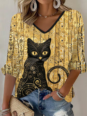 Women's Glitter Black Cat Art Waffle T-shirt