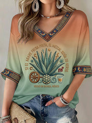 Women's Mezcal Print Mid-length Sleeves V-Neck T-Shirt