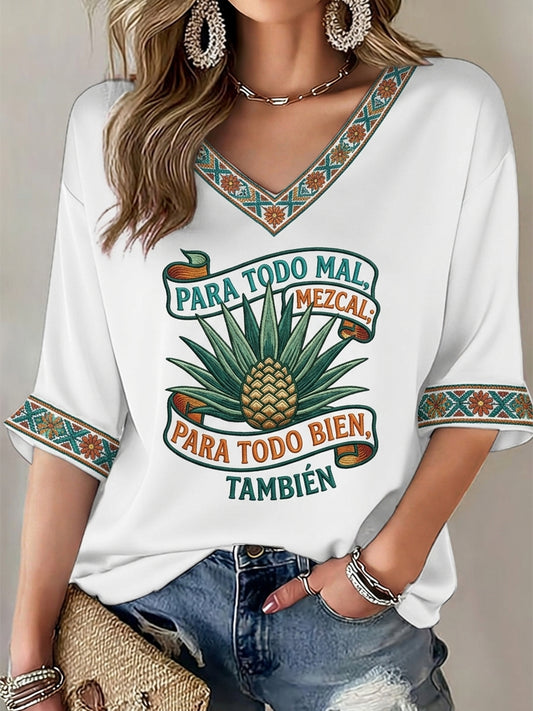 Women's Mezcal Print Mid-length Sleeves V-Neck T-Shirt