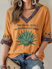 Women's Mezcal Print Mid-length Sleeves V-Neck T-Shirt