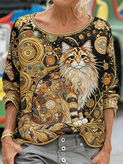 Women's Funny Glitter Cats Art Long Sleeve Loose-fitting Sweatshirt