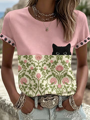 Women's Black Cat With Floral Graphic Casual Short Sleeve T-shirt