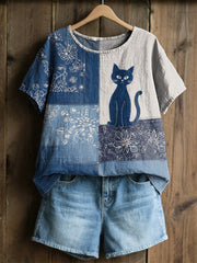 Women's Retro Floral Cats Print Casual Tee
