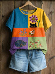 Women's Retro Floral Cats Print Casual Tee