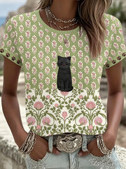 Women's Black Cat With Floral Graphic Casual Short Sleeve T-shirt